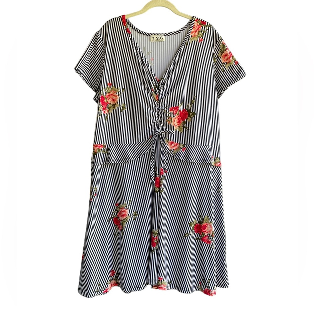 Vintage Roses Floral Striped Dress Plus Size 3X Modest Feminine Career TMG NY